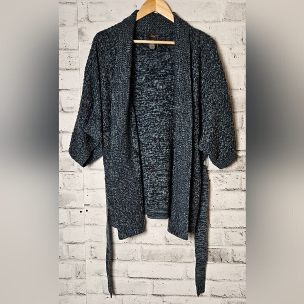 Dex Womens Chunky Knit Open Front Belted Cardigan Sweater Blue Green Small